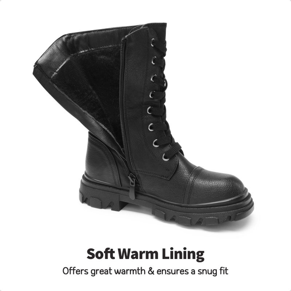 Girls Vegan Leather Combat Ankle Boots - BLACK - 4